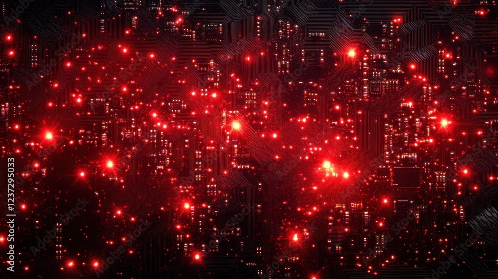 Poster glowing red circuit board with sparkling lights in a dark background