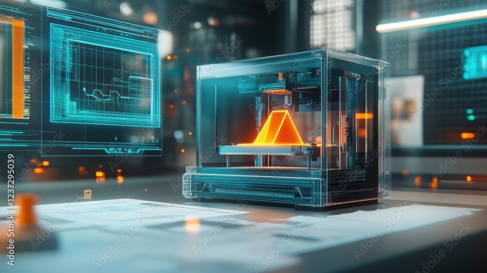 Poster futuristic transparent 3d printer producing a triangular object in a high tech laboratory, showcasin