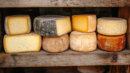 Selection of artisanal aged cheeses with different textures and natural rinds on rustic wooden shelves, showcasing gourmet craftsmanship and rich flavors