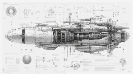 Detailed blueprint of a futuristic spaceship design with technical annotations and engineering diagrams