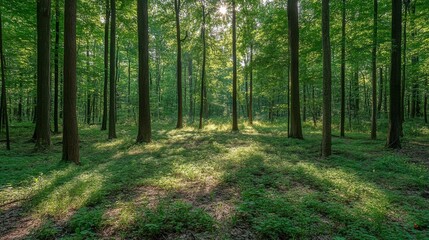 Fototapeta premium Sunlit forest glade with tall trees and green foliage in a peaceful woodland setting
