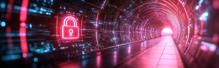 A futuristic glowing lock symbolizing cybersecurity, digital protection, and data privacy. Perfect for illustrating online safety, encryption, and technology security concepts.