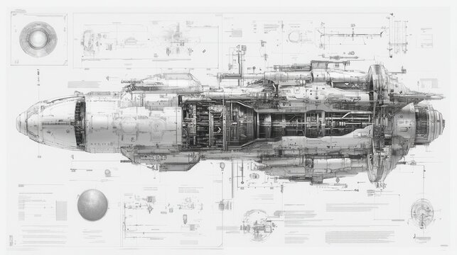 Detailed blueprint of a futuristic spaceship design with technical annotations and engineering diagrams