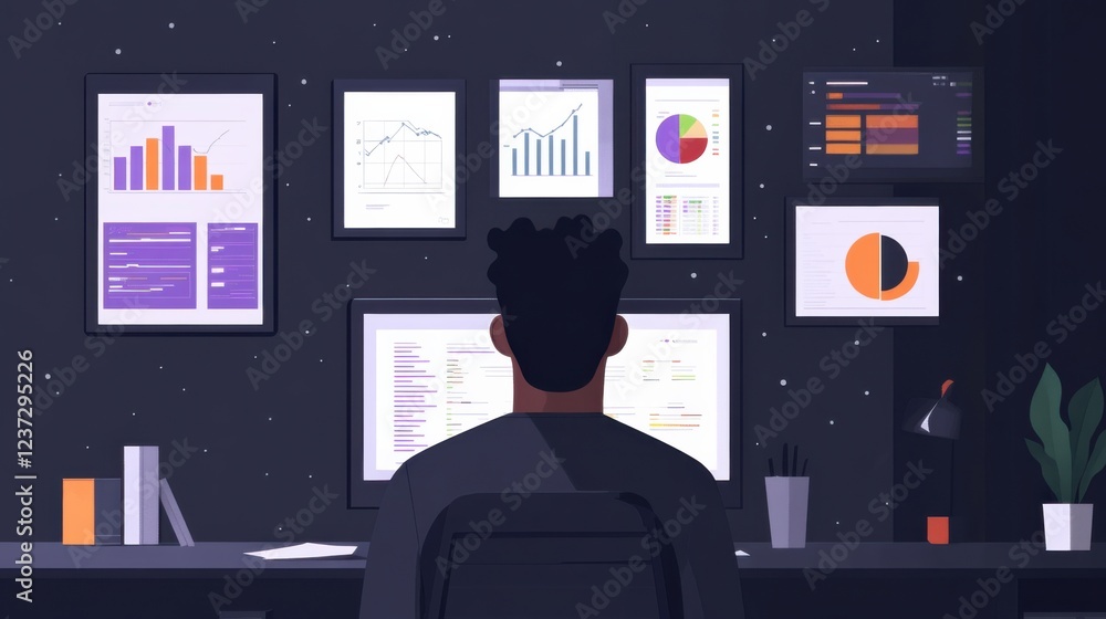 Poster man analyzing data on multiple screens in dark office with charts and graphs