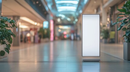 Blank digital signage in bright modern shopping mall hallway with green plants
