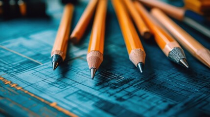 Close-up of pencils on architectural blueprints with depth of field effect