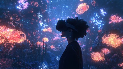 Young woman experiencing virtual reality in a bioluminescent underwater world