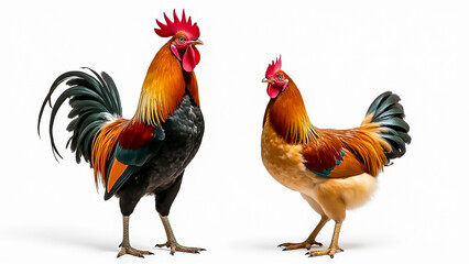 Fototapeta premium Two roosters stand side by side, their bright feathers glistening in the light. One rooster sports a striking black and orange plumage, while the other has a softer golden hue.