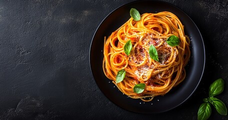 Delicious spaghetti with tomato sauce, parmesan cheese, and basil on a black plate. (2)