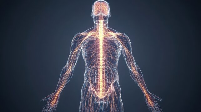 Nervous system, brain and spinal cord highlighted, intricate neuron pathways, 3D illustration. 