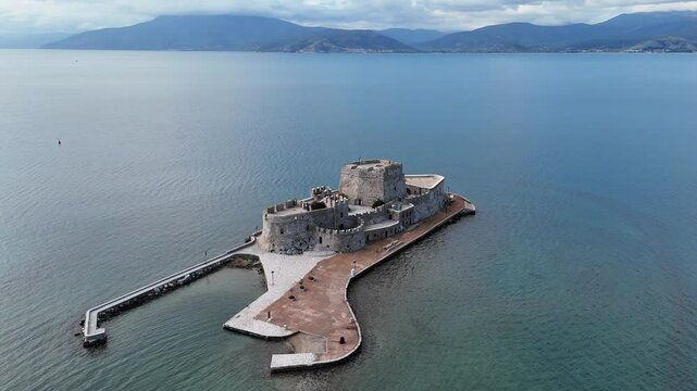 Aerial view of Bourtzi Castle in Nafplio, Greece.
