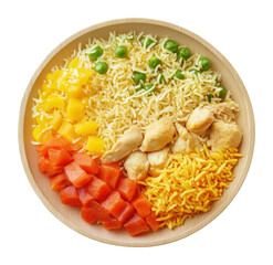 Colorful rice bowl with chicken and vegetables mix isolated on transparent background