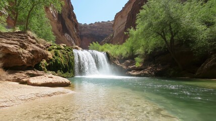 Naklejka premium Sunlit Waterfall In Lush Canyon Oasis
