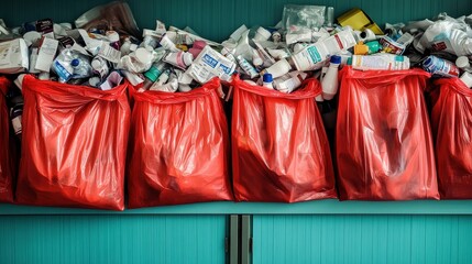 Nfectious waste must be disposed of in the trash bag and red, waste infections in hospitals, shows a lot of medical waste.infectious wastes in red bag. -