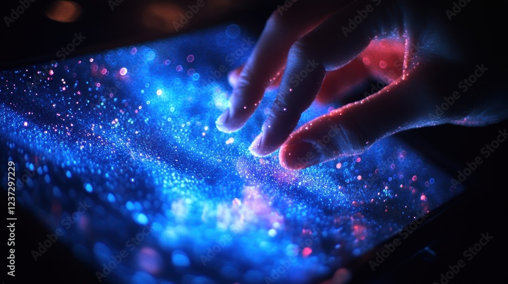 Poster engineer interacts with a futuristic holographic interface, manipulating glowing particles and explo