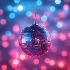 Fototapeta premium A vibrant disco ball reflecting colorful lights against a dreamy pink and purple background. Perfect for party invitations, club promotions, nightlife, and retro-themed visuals