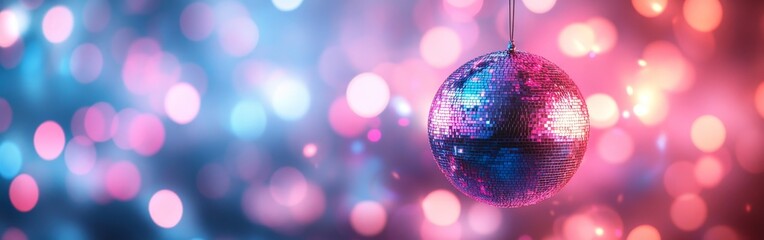 A vibrant disco ball reflecting colorful lights against a dreamy pink and purple background. Perfect for party invitations, club promotions, nightlife, and retro-themed visuals