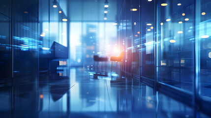 Obraz premium A modern office corridor with glass walls and ambient lighting.