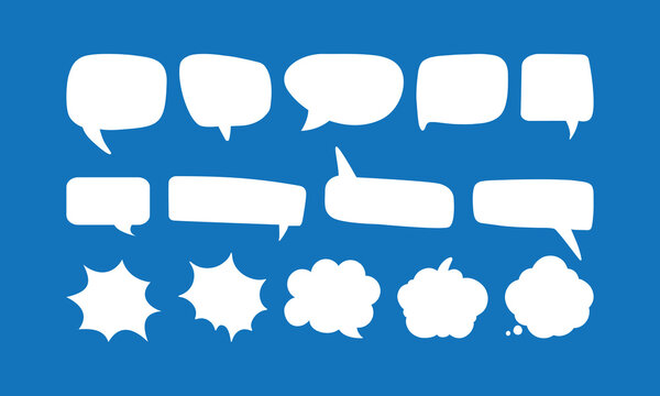 Set, collection of flat style vector speech bubbles, clouds, baloons. Talking, speaking, chatting, screaming, laughing, thinking, dreaming bubbles. Modern motion design shapes with rounded edges.