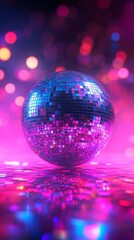 A vibrant disco ball reflecting colorful lights against a dreamy pink and purple background. Perfect for party invitations, club promotions, nightlife, and retro-themed visuals