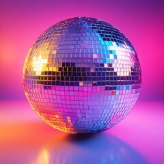 Obraz premium A vibrant disco ball reflecting colorful lights against a dreamy pink and purple background. Perfect for party invitations, club promotions, nightlife, and retro-themed visuals