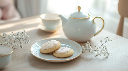 Fototapeta premium A tranquil tea setting with delicate cookies and blossoms. Perfect for a peaceful afternoon.
