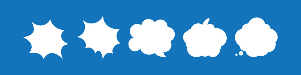 Set, collection of flat style vector speech bubbles, clouds, baloons. Talking, speaking, chatting, screaming, laughing, thinking, dreaming bubbles. Modern motion design shapes with rounded edges.