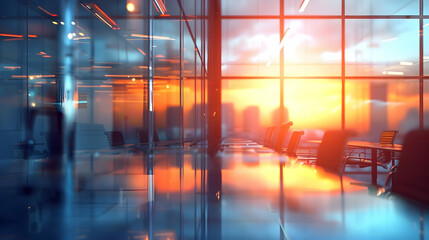 Fototapeta premium Modern office space with glass walls reflecting a vibrant sunset.