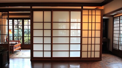Shoji screen sliding room divider, interior design, Japanese home, garden view, peaceful ambiance