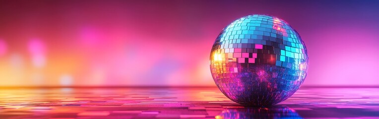 A vibrant disco ball reflecting colorful lights against a dreamy pink and purple background. Perfect for party invitations, club promotions, nightlife, and retro-themed visuals