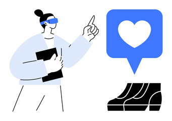Person wearing VR glasses pointing up while holding a tablet. Interaction with blue heart notification icon and stylized footwear. Ideal for virtual reality, technology, e-commerce, user engagement