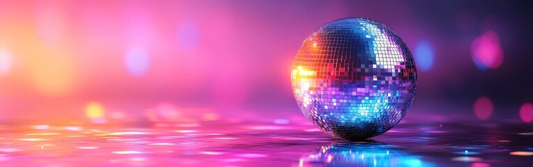 Obraz premium A vibrant disco ball reflecting colorful lights against a dreamy pink and purple background. Perfect for party invitations, club promotions, nightlife, and retro-themed visuals
