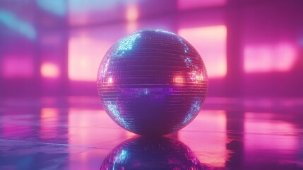 A vibrant disco ball reflecting colorful lights against a dreamy pink and purple background. Perfect for party invitations, club promotions, nightlife, and retro-themed visuals