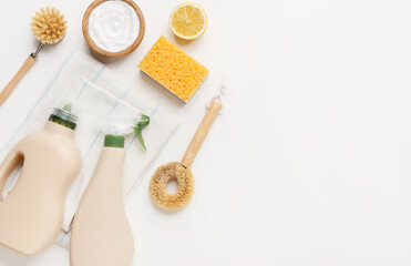 Natural product for cleaning and care. zero waste detergent. top view, copy space