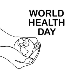 World Health Day. Continuous one line art drawing hands hold Earth globe. Save and protect earth planet linear concept. Vector illustration isolated on white background.