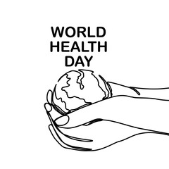 World Health Day. Continuous one line art drawing hands hold Earth globe. Save and protect earth planet linear concept. Vector illustration isolated on white background.