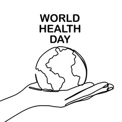 World Health Day. Continuous one line art drawing hands hold Earth globe. Save and protect earth planet linear concept. Vector illustration isolated on white background.