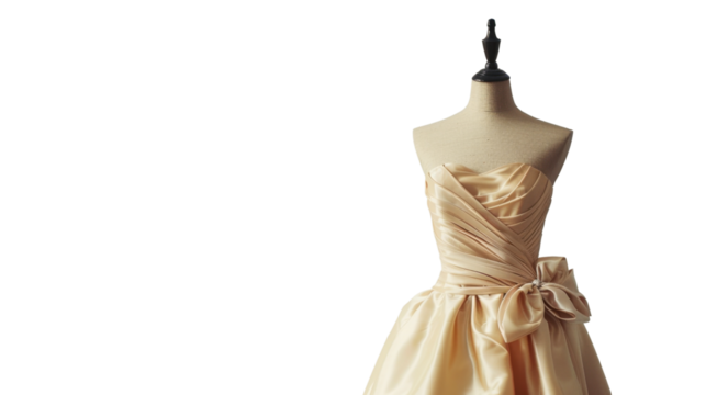 Elegant gown displayed on mannequin with transparent background