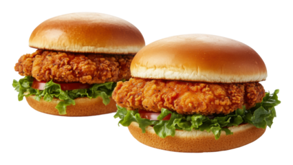 Crispy chicken sandwiches with lettuce and tomato isolated on transparent background