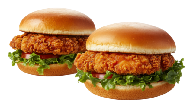 Crispy chicken sandwiches with lettuce and tomato isolated on transparent background