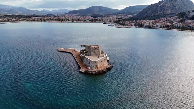 Aerial view of Bourtzi Castle in Nafplio, Greece.
