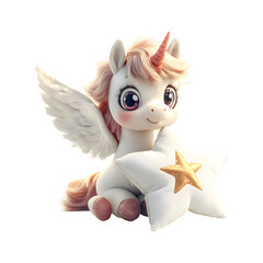 Fluffy 3D Cartoon Pegasus Foal with Tiny Wings Isolated on Transparent Background