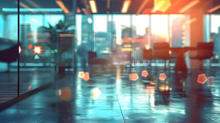Naklejka premium A blurred interior view showcasing modern architecture and cityscape reflections.