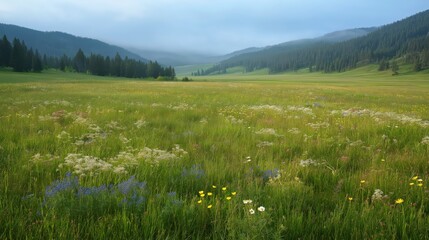 Obraz premium Lush Green Meadow Wildflowers Mountain Landscape