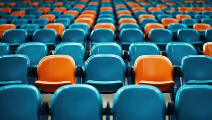 Rows of teal stadium seats with occasional orange seats stand empty