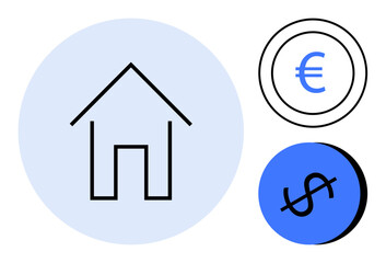 House outline within blue circle, symbols for Euro and Dollar in small circles. Ideal for financial themes, real estate, mortgages, currency exchange, economy, market analysis investment. Minimalist