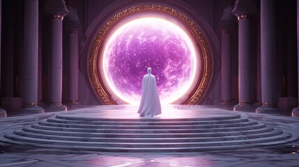Ethereal figure in white approaching a grand marble staircase leading to a glowing celestial dome, pilgrimage serenity concept