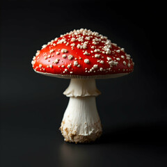 Obraz premium Vibrant Red Toadstool Mushroom With White Spots Detailed Close-Up On A Dark Isolated Background