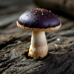 Single Fresh Purple Mushroom Growing on Wooden Surface in Nature Isolated Background