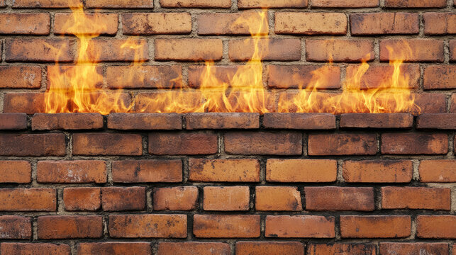 Brennende Flammen auf roter Backsteinmauer.